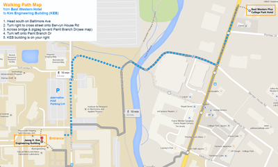 Printable walking 
									directions from Best Western College Park to Kim Engineering Building